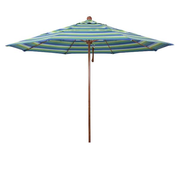 California Umbrella 11 ft. Woodgrain Aluminum Commercial Market Patio Umbrella Fiberglass Ribs and Pulley Lift in Seville Seaside Sunbrella