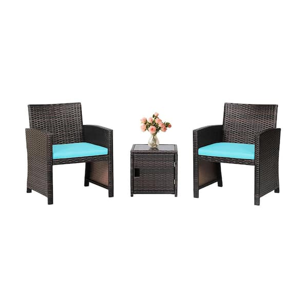 Unbranded 3-Pieces Wicker Patio Conversation Set With Turquoise Cushions