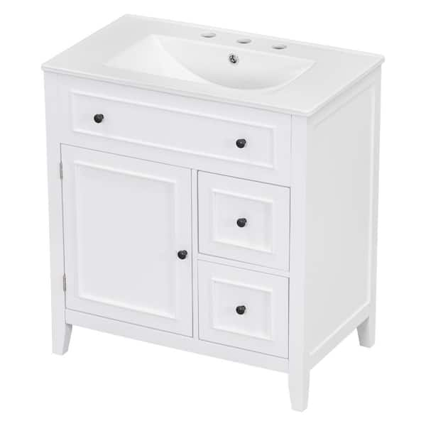 30 in. W Freestanding Bath Vanity in White with White Ceramic Top, 30 in. Bathroom Vanity with Sink Top