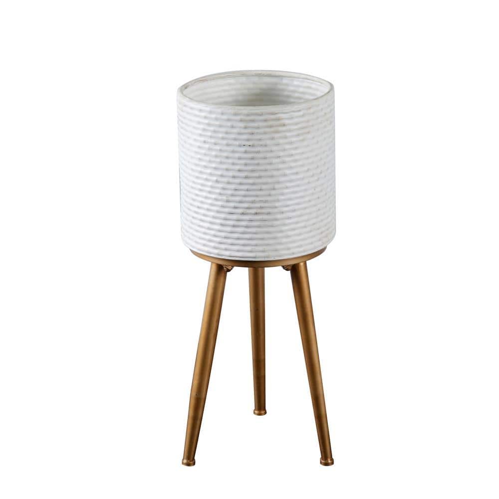 Distressed White and Bronze Dimpled Metal Planter Set with Tripod Stand