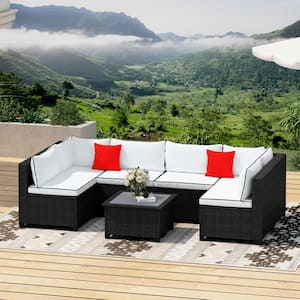 Outdoor Dark Brown 7-Piece Wicker Outdoor Patio Conversation Seating Set with Beige Cushions