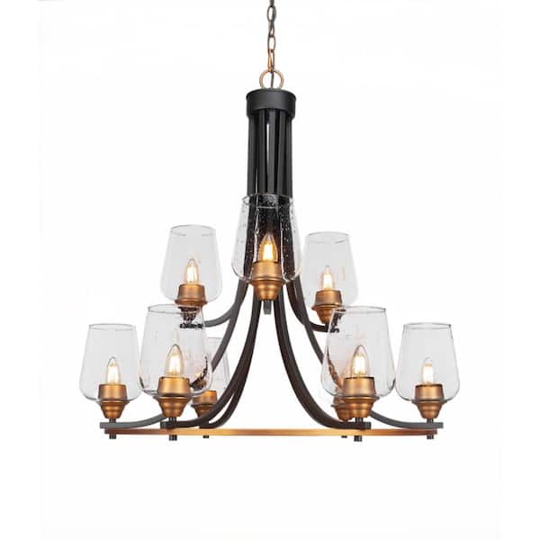 Unbranded Madison 9-Light Matte Black and Brass Round Chandelier with 5 in. Clear Bubble Glass Shades, No bulbs included