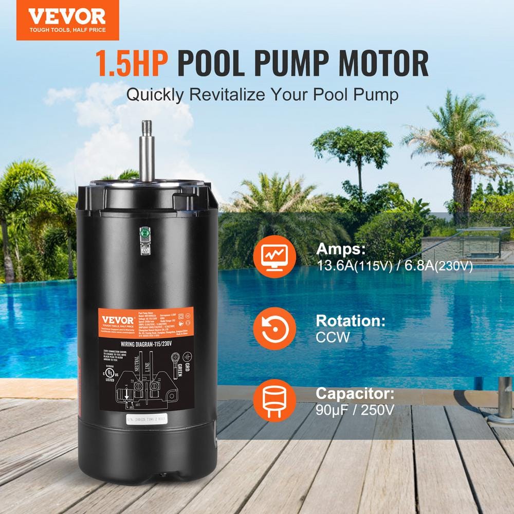 VEVOR Black Steel 1.5 HP Pool Pump Motor with 56J Frame
