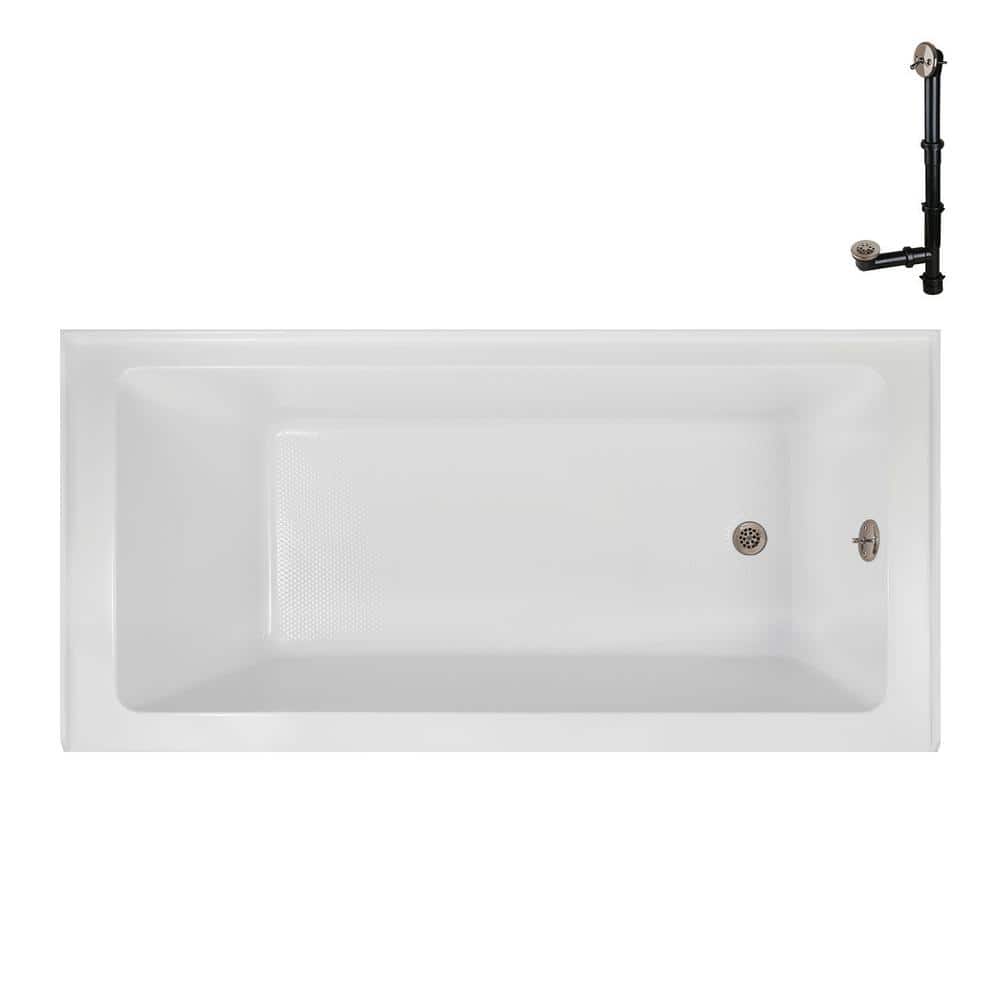 Glossy White Acrylic Right-Hand Drain Alcove Bathtub with Brushed Nickel Drain