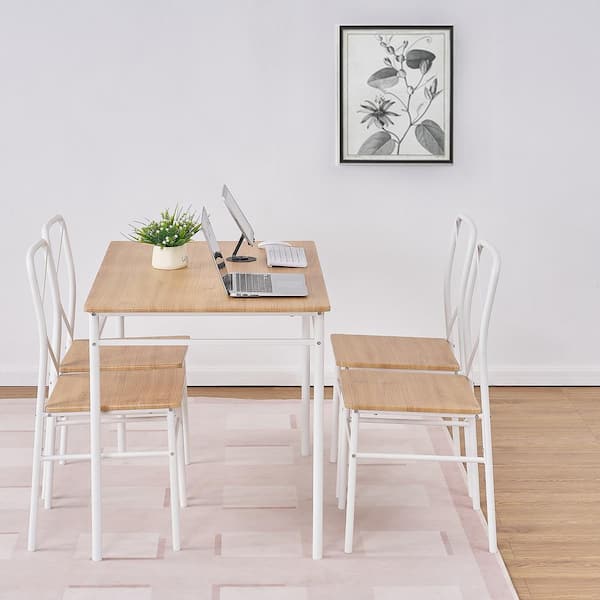 VECELO 5-Piece Dining Table Set for 4 Modern Brown Wood + White Metal Kitchen Breakfast Furniture 1 Table & 4 Chairs Dining Set