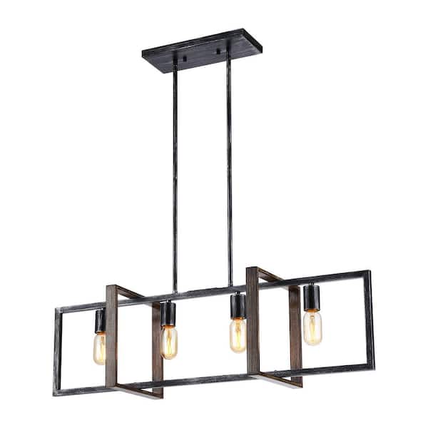 Flint Garden 35.5 in. 4-Light Distressed Black Metal Linear Industrial Hanging Island Chandelier for Kitchen Dining Room