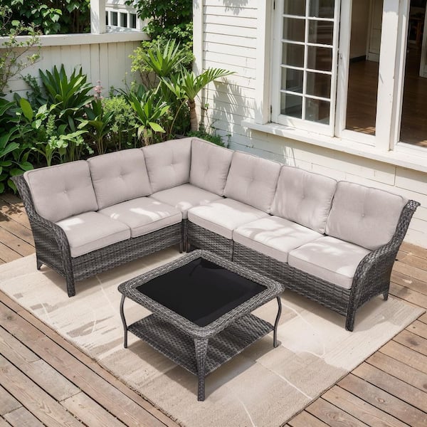 moosprr 3-Piece Gray Wicker Outdoor Sectional Set with Olefin Beige Cushions and L-Shaped Sofa/Coffee Table