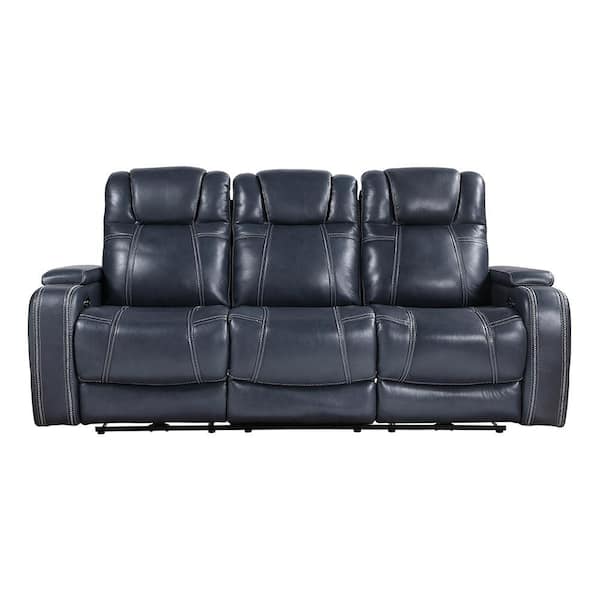 Lazzara Lafael 84 in. W Straight Arm Leather Rectangle Power Double Reclining Sofa with Power Headrests and Storage Arms in Blue