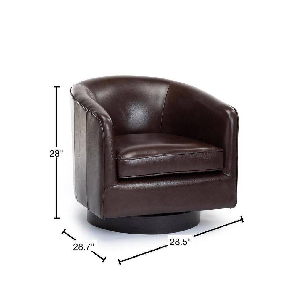 Transitional Black Top Grain Leather Swivel Barrel Chair with Wooden Base
