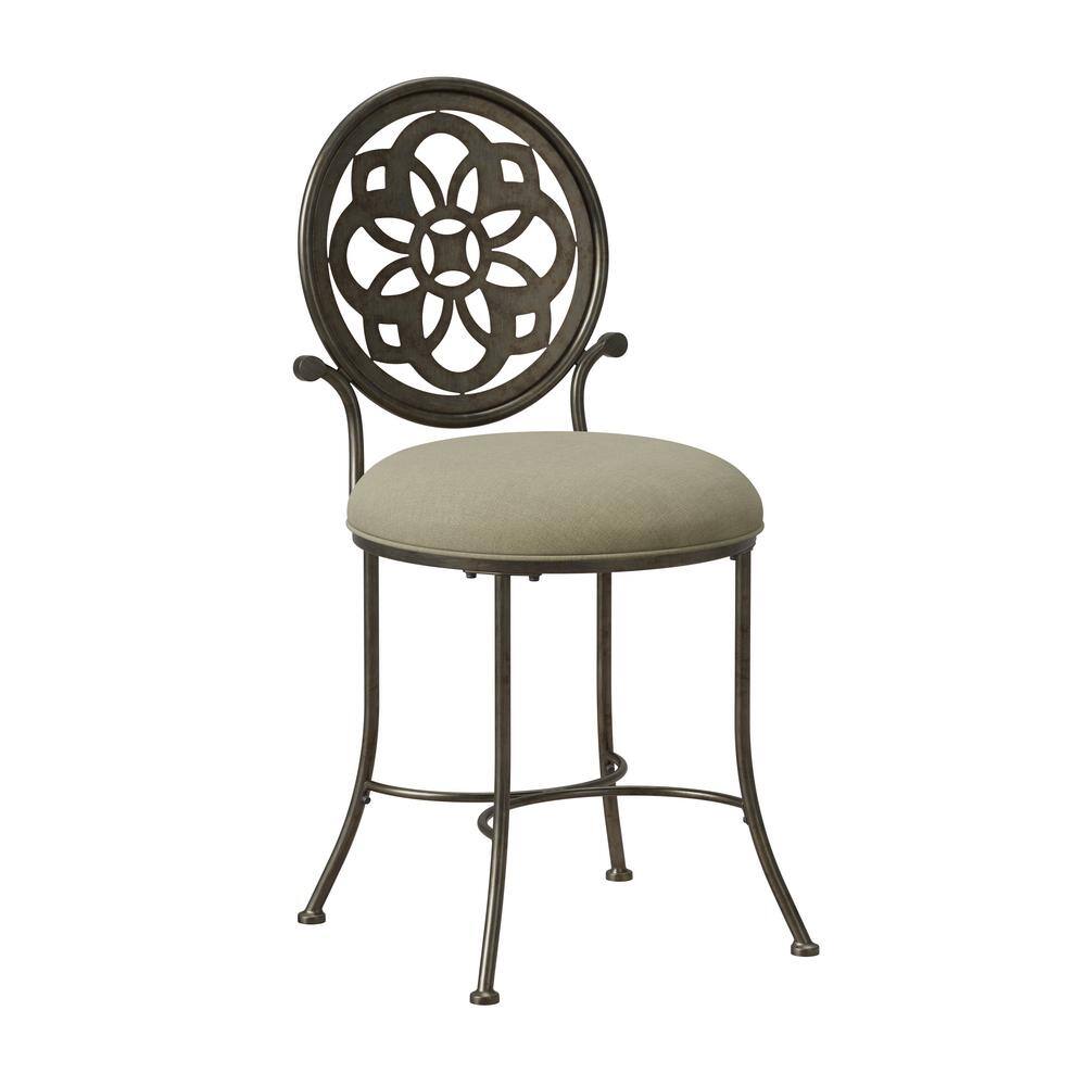 Antique Gray Metal Vanity Stool with Cream Upholstery
