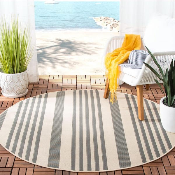 Courtyard Gray/Bone 5 ft. x 5 ft. Round Striped Indoor/Outdoor Patio  Area Rug