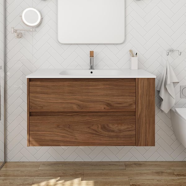MYCASS 35.60 in. W x 18.10 in. D x 19.40 in. H Single Sink Floating Bath Vanity in Brown Oak with 1 White Sink Acrylic Top