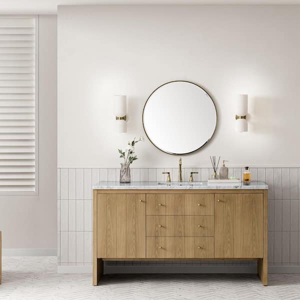 James Martin Vanities Hudson 60.0 in. W x 23.5 in. D x 34.2 in. H Bathroom Vanity in Light Oak with Arctic Fall Solid Surface Top