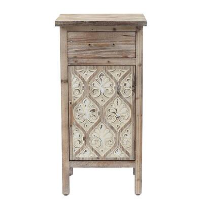 31.5 in. H Natural Wood Damask Carved 1-Door Accent Table