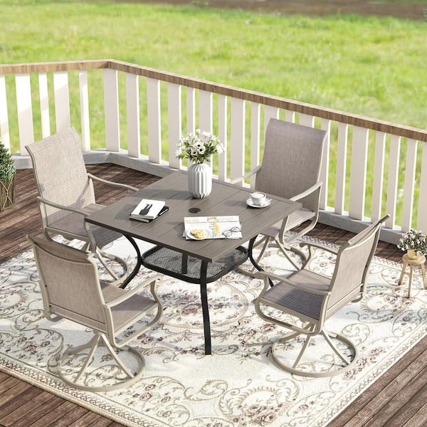 5-Piece Metal Outdoor Dining Set with 37.8 in. Gray Wood-Like Square Table and 4 Sandshell Swivel Patio Dining Chairs