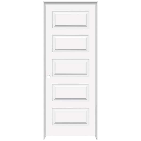 28 in. x 80 in. 5 Panel Molded Right-Handed Solid Core White Primed Wood Single Prehung Interior Door w/Nickel Hinges