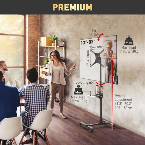 Barkan 13 - 83 in. Tilt Mobile TV Mount Cart with Metal Shelf Black Patented to Fit Various Screen Types Fall Proof