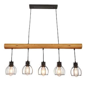5-Light Black Farmhouse Rustic Wood Chandelier for Dining Areas Kitchen Island with No Bulbs Included