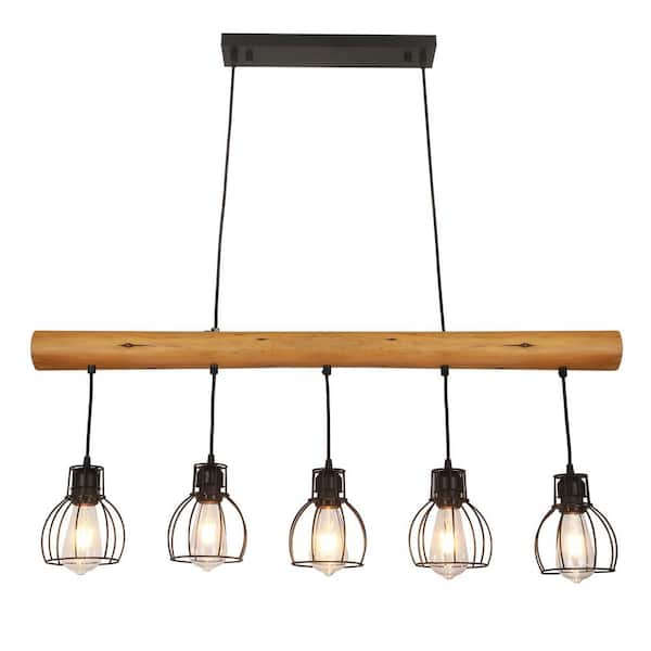 OUKANING 5-Light Black Farmhouse Rustic Wood Chandelier for Dining Areas Kitchen Island with No Bulbs Included