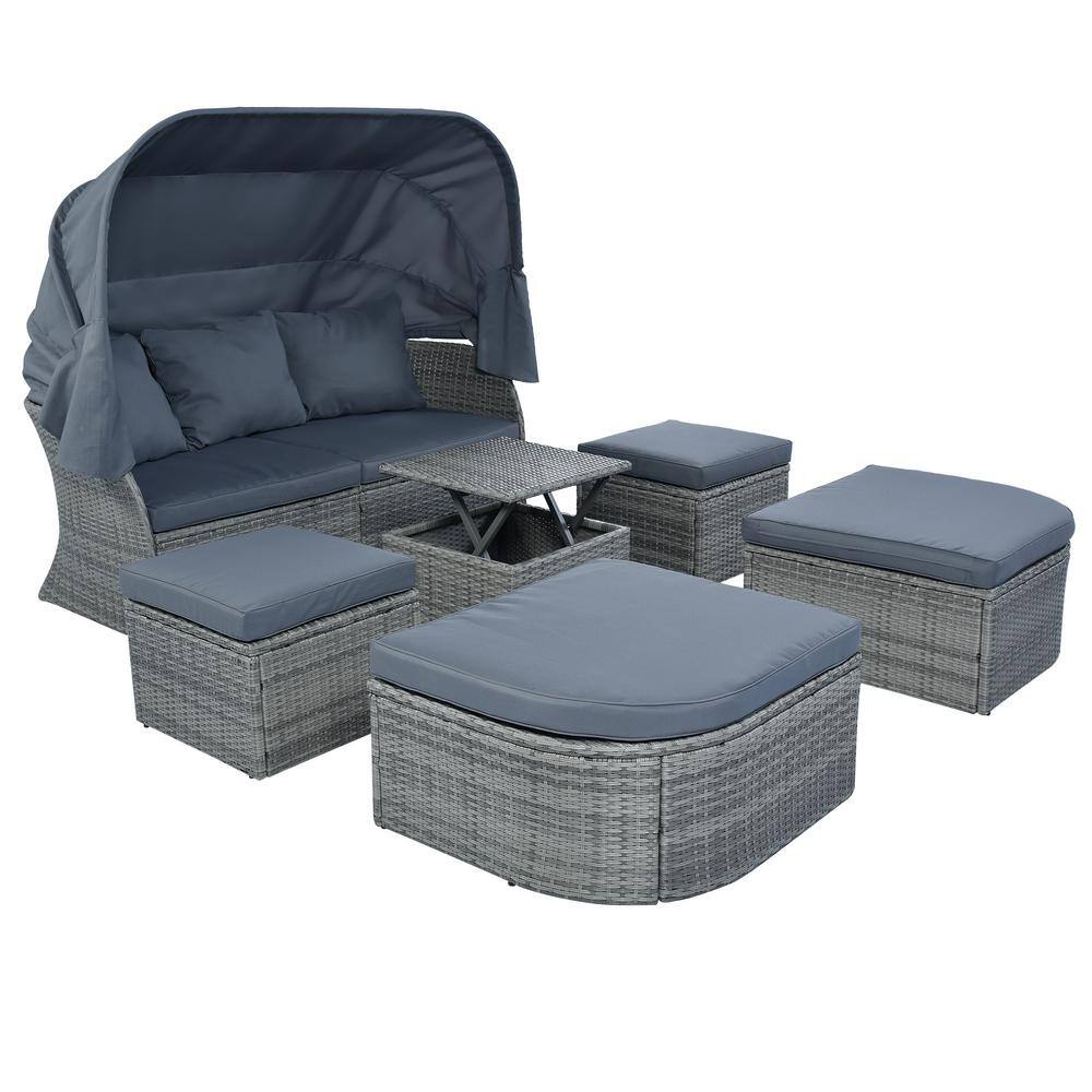 6-Piece Wicker Outdoor Patio Day Bed with Gray Cushions
