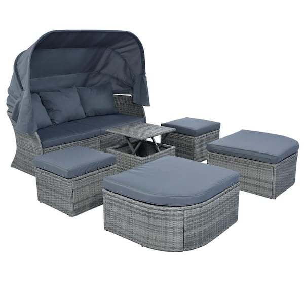 Unbranded 6-Piece Wicker Outdoor Patio Day Bed with Gray Cushions