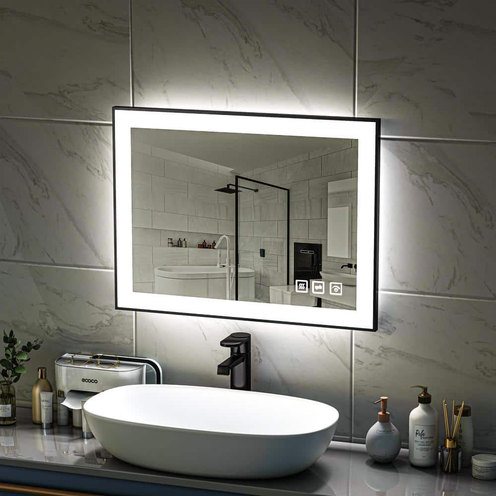 24x32 Inch Black Aluminum LED Vanity Mirror with Anti-Fog