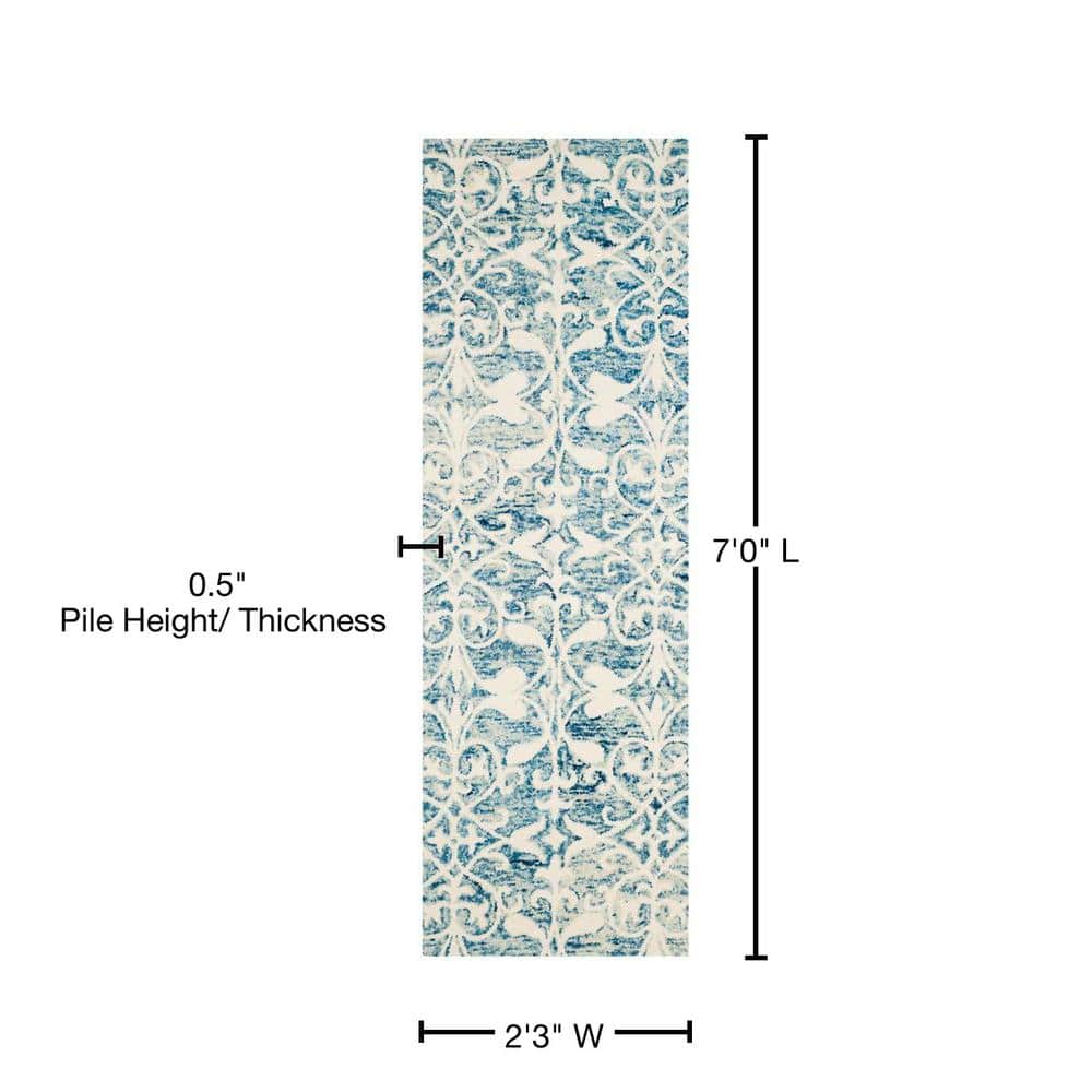 Ivory and Dark Blue Hand-Tufted Wool Runner Rug, 2'-3" x 7'