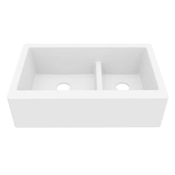 Farmhouse Apron Front Quartz/Granite Composite 34 in. Double Offset Bowl Kitchen Sink in White