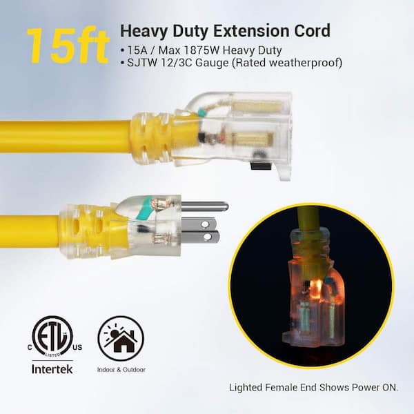 15 ft. 12/3 Gauge SJTW Indoor/Outdoor Extension Cord with Lock, Yellow, ETL Listed