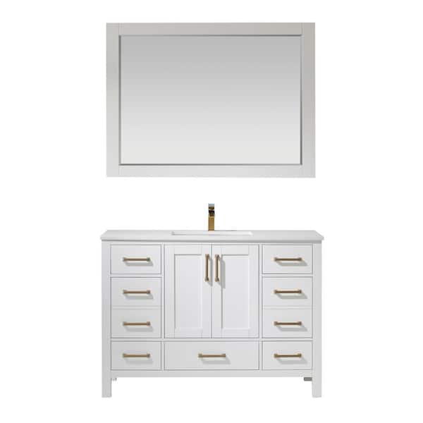 ROSWELL Shannon 48 in. Bath Vanity in White with Manufactured Stone Vanity Top in White with White Basin and Mirror