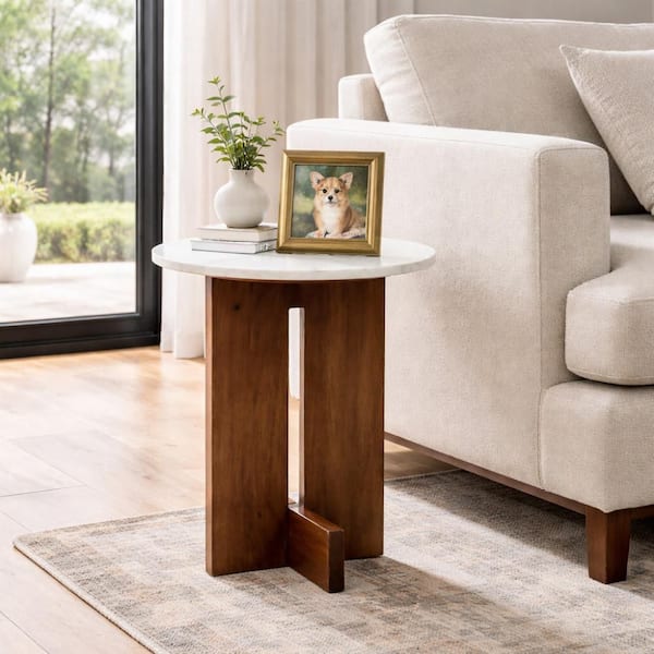 16 in. White/Brown Round Marble Top End Table with Interlocked Wood Base