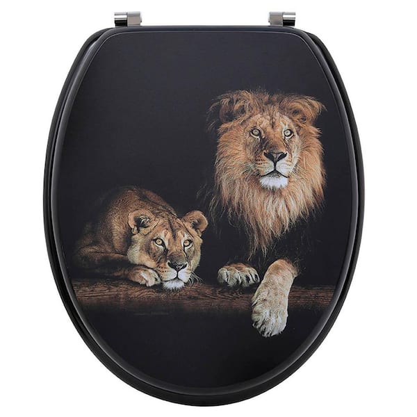 Unbranded Lion And Lioness Print 18-Inch Elongated Closed Front Toilet Seat Black