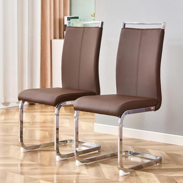 Polibi Brown PU Faux Leather High Back Upholstered Side Chair with Silver C-Shaped Tube Chrome Metal Legs (Set of 2)