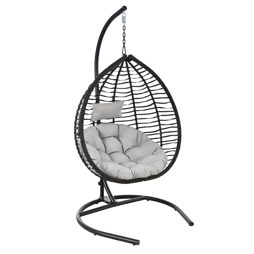 Black HDPE Wicker Patio Swing, Folding Egg Chair with Gray Cushion, Removable Headrest and Stand