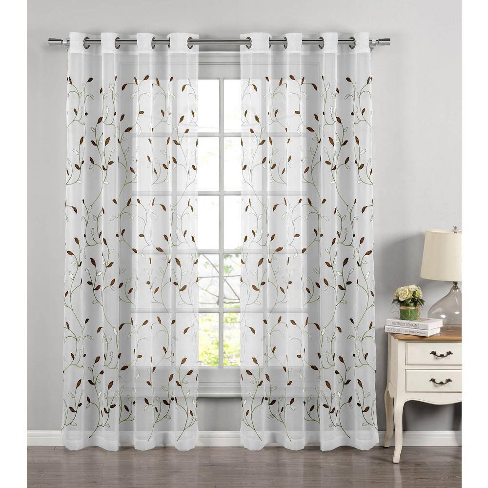 52 x 84 52X84CT-SH-FOL-WH Set of 2 White Home City Inc Superior Quality Lightweight Embroidered Foliage Sheer Stainless Grommets Window Treatment Curtain Panel 