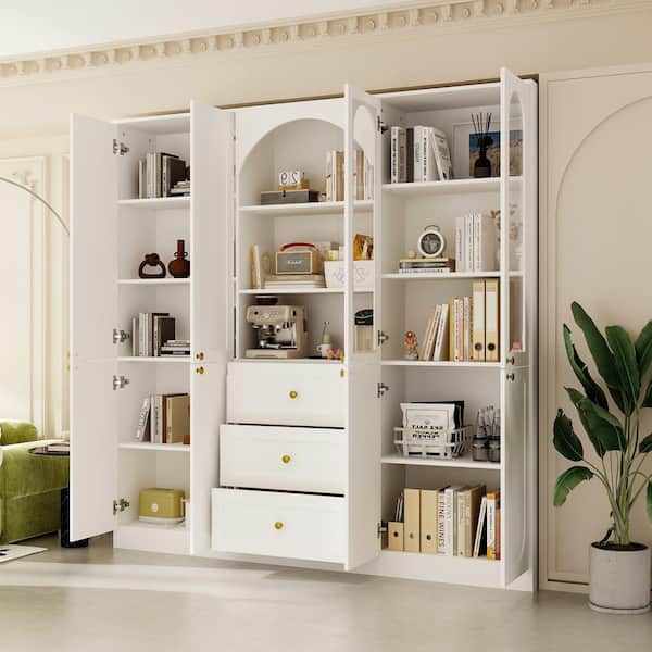 70.9 in. Tall 13-Shelf White Wood Standard Bookcase with Tempered Glass Doors, Drawers