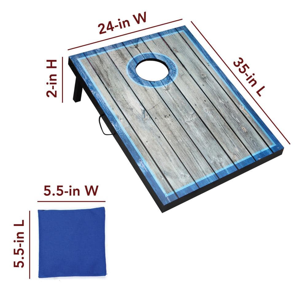 Distressed Wood LED Cornhole Set with Blue and White Bean Bags