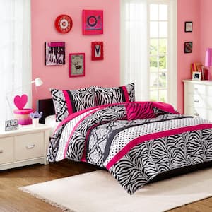 Gemma 4-Piece Pink Microfiber King/Cal King Stripe Zebra Print Comforter Set