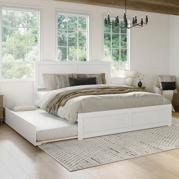 Canyon White Solid Wood King Platform Bed with Matching Footboard and Twin XL Trundle