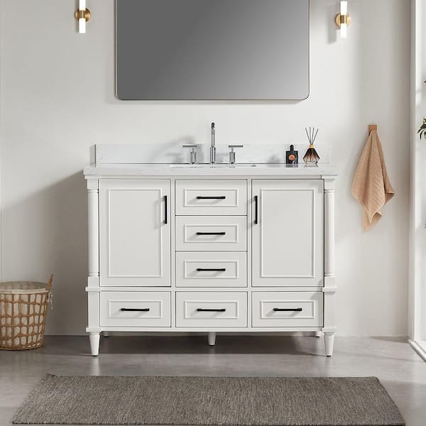 48 in. Freestanding White Bath Vanity with White Marble Top and Bathroom Drawer Storage Cabinet Assembled