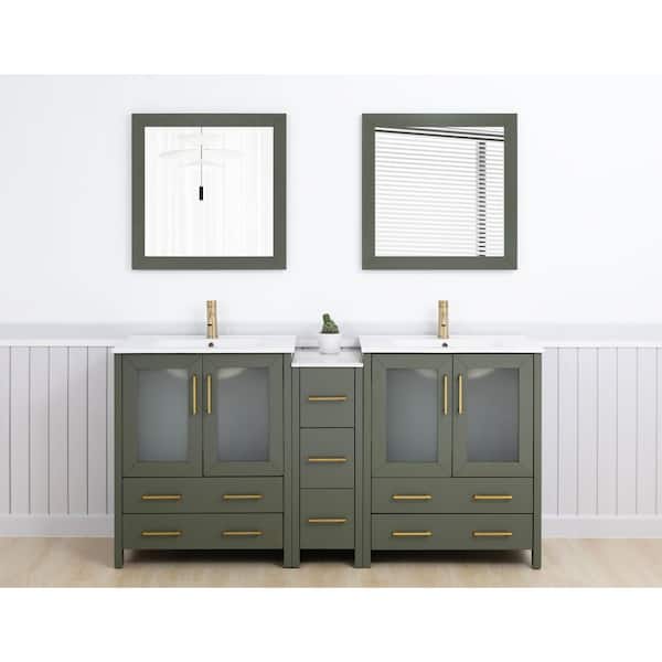 72 in. W x 18 in. D x 36 in. H Vintage Green Bath Vanity with White Ceramic Top and Mirror