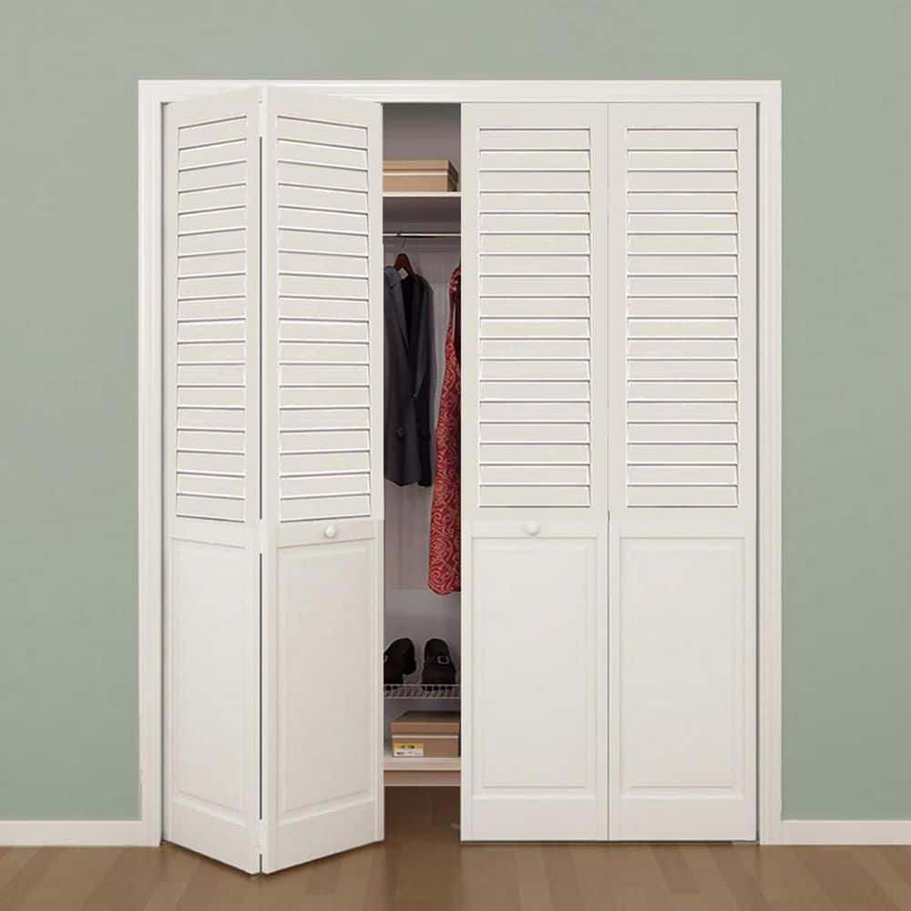 80 in. x 36 in. Plantation Louver-Panel Solid Core White Wood Bi-fold Door with Hardware