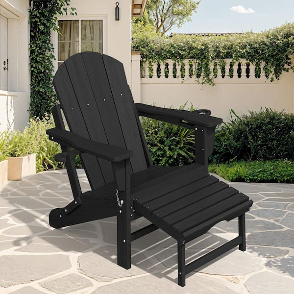 JEAREY 6-in-1 Multi-functional Black Plastic Folding Rocking Adirondack Chair with Dual Cup Holders and Retractable Ottoman
