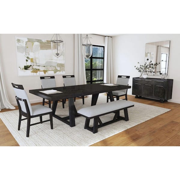 Pinnacle Modern Charcoal Wood 100 in. Trestle Dining Table with 22 in. Leaf Seats 6