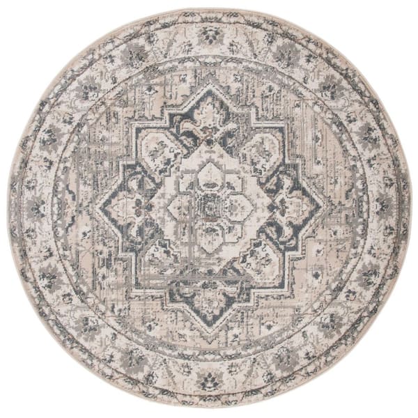 Pyramid 7 ft. x 7 ft. Ivory/Gray Ornate Border Round Area Rug