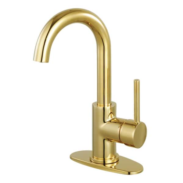 Kingston Brass Concord Single-Handle High Arc Single Hole Bathroom Faucet with Push Pop-Up and Deck Plate in Polished Brass