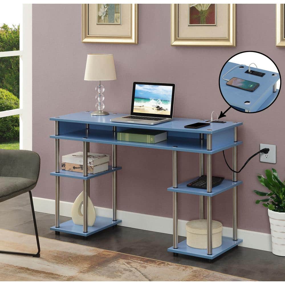 Blue Wood Writing Desk with USB Charging Station
