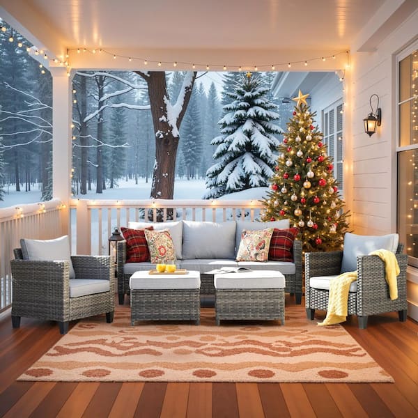 OVIOS Positano Gray 5-Piece Wicker Outdoor Patio Conversation Seating Set with Gray Cushions