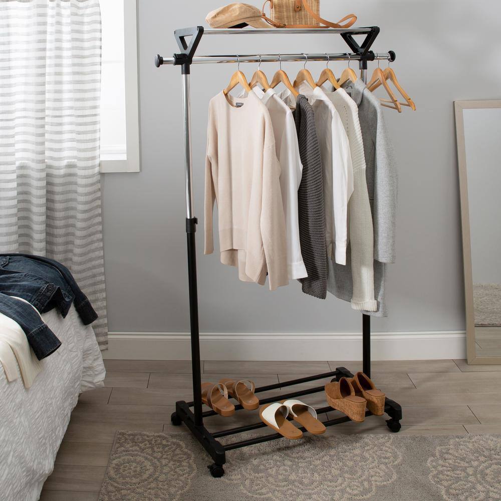 Adjustable Black and Chrome Steel Garment Rack with Shelves