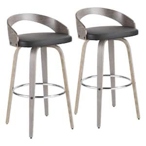 Grotto 35.25 in. Black Faux Leather and Light Grey Wood Low Back Bar Height Stool with Round Chrome Footrest (Set of 2)